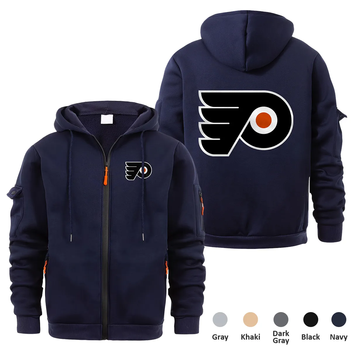 Philadelphia Flyers NHL Exclusive Logo Full Zipper Sweatshirt Hoodie with Arm Pocket MFY241114PFFZH - Navy