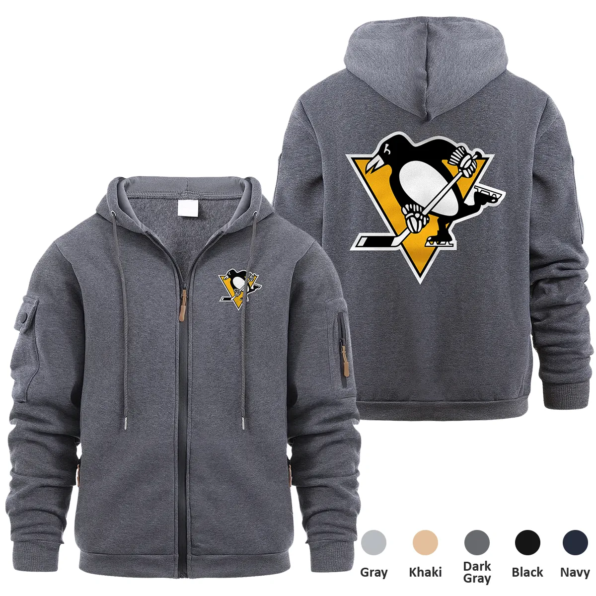 Pittsburgh Penguins NHL Exclusive Logo Full Zipper Sweatshirt Hoodie with Arm Pocket MFY241114PPFZH - Dark Gray