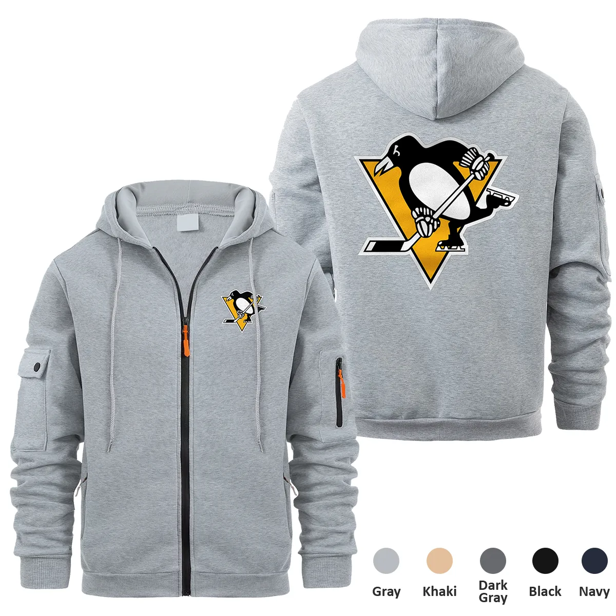 Pittsburgh Penguins NHL Exclusive Logo Full Zipper Sweatshirt Hoodie with Arm Pocket MFY241114PPFZH - Gray