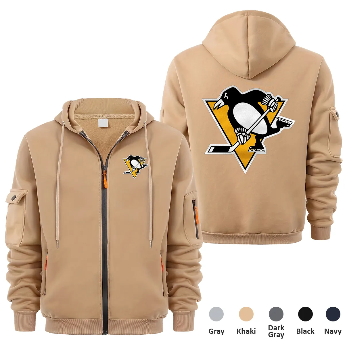 Pittsburgh Penguins NHL Exclusive Logo Full Zipper Sweatshirt Hoodie with Arm Pocket MFY241114PPFZH - Khaki