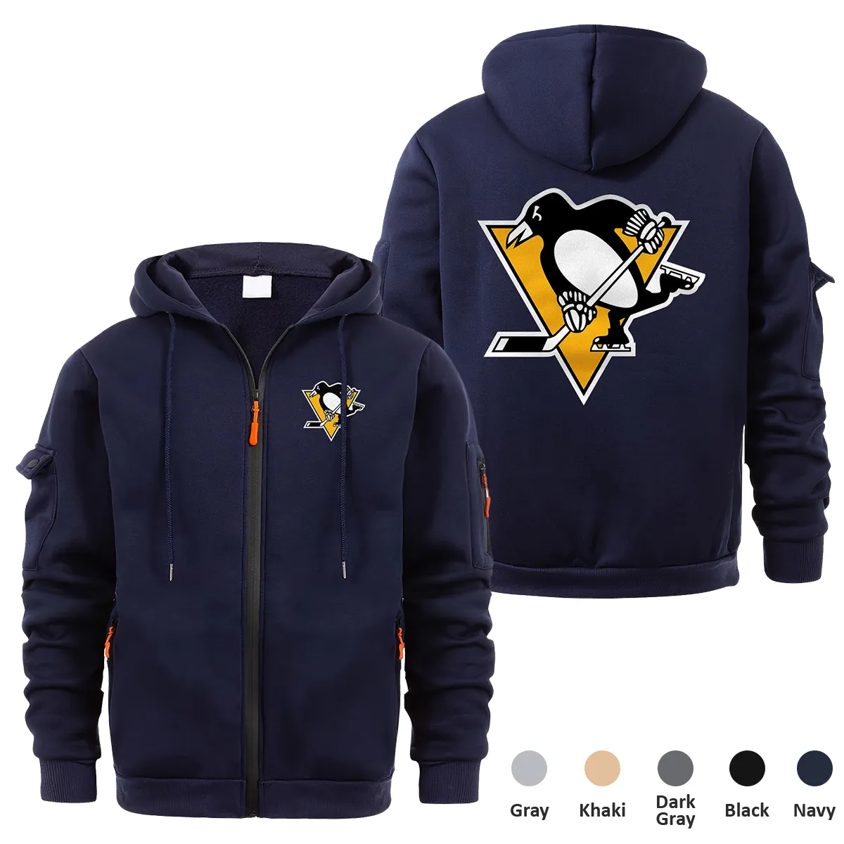 Pittsburgh Penguins NHL Exclusive Logo Full Zipper Sweatshirt Hoodie with Arm Pocket MFY241114PPFZH - Navy