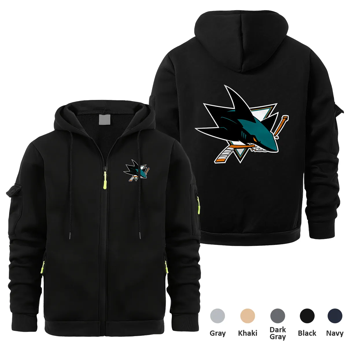 San Jose Sharks NHL Exclusive Logo Full Zipper Sweatshirt Hoodie with Arm Pocket MFY241114SJSFZH - Black