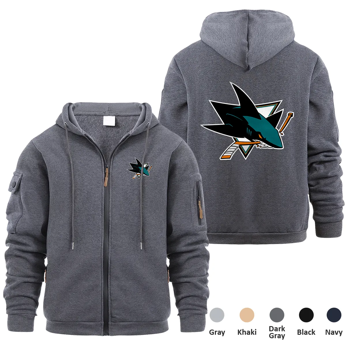 San Jose Sharks NHL Exclusive Logo Full Zipper Sweatshirt Hoodie with Arm Pocket MFY241114SJSFZH - Dark Gray