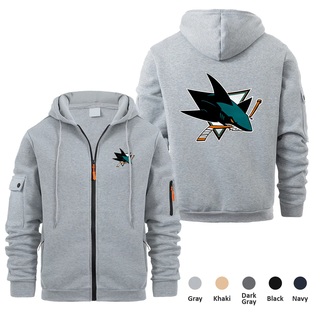 San Jose Sharks NHL Exclusive Logo Full Zipper Sweatshirt Hoodie with Arm Pocket MFY241114SJSFZH - Gray