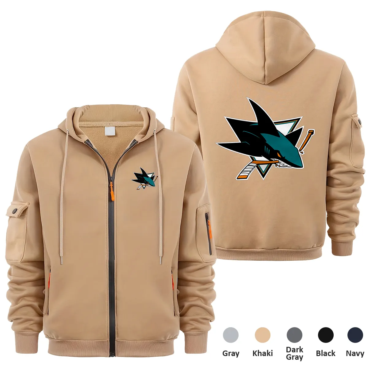 San Jose Sharks NHL Exclusive Logo Full Zipper Sweatshirt Hoodie with Arm Pocket MFY241114SJSFZH - Khaki