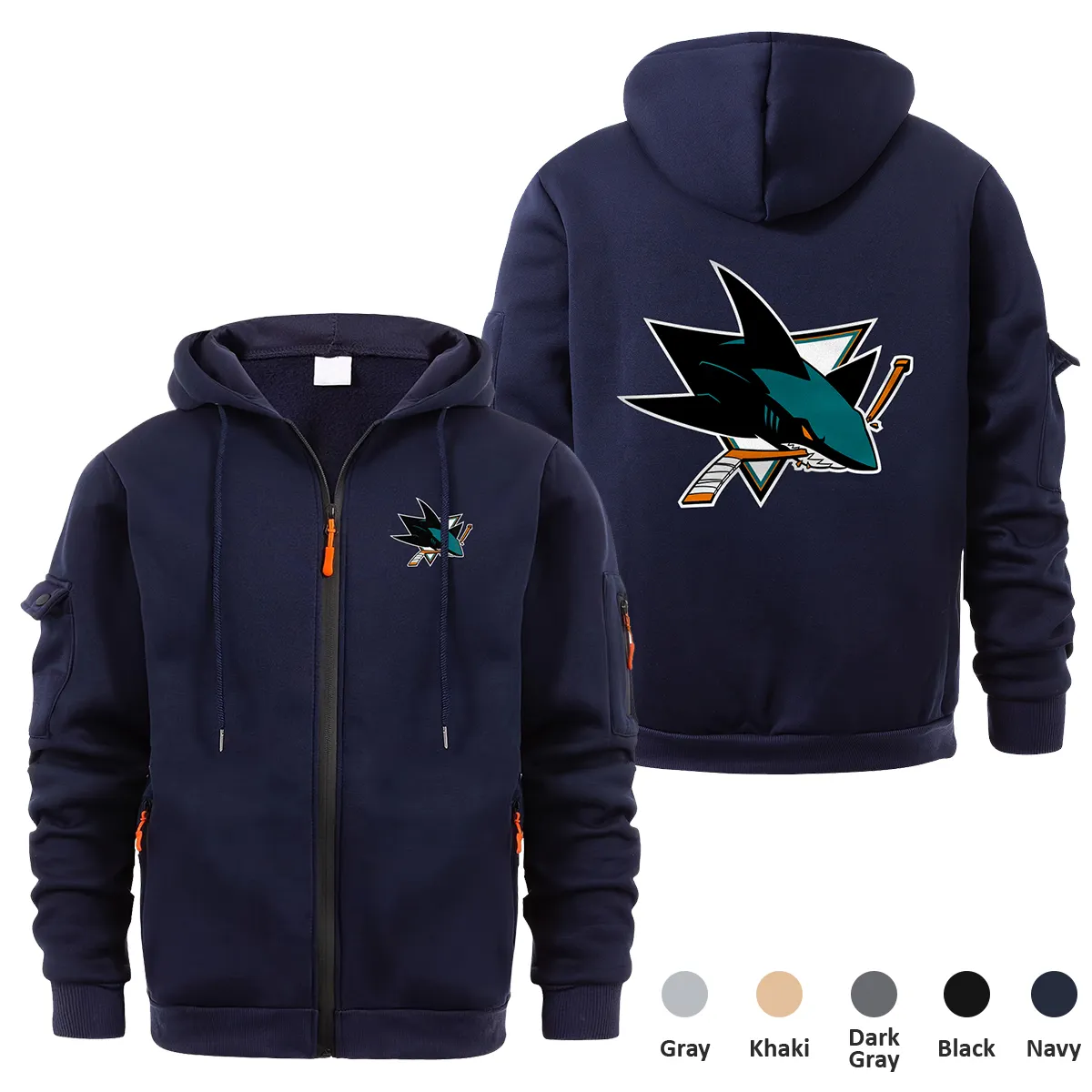 San Jose Sharks NHL Exclusive Logo Full Zipper Sweatshirt Hoodie with Arm Pocket MFY241114SJSFZH - Navy