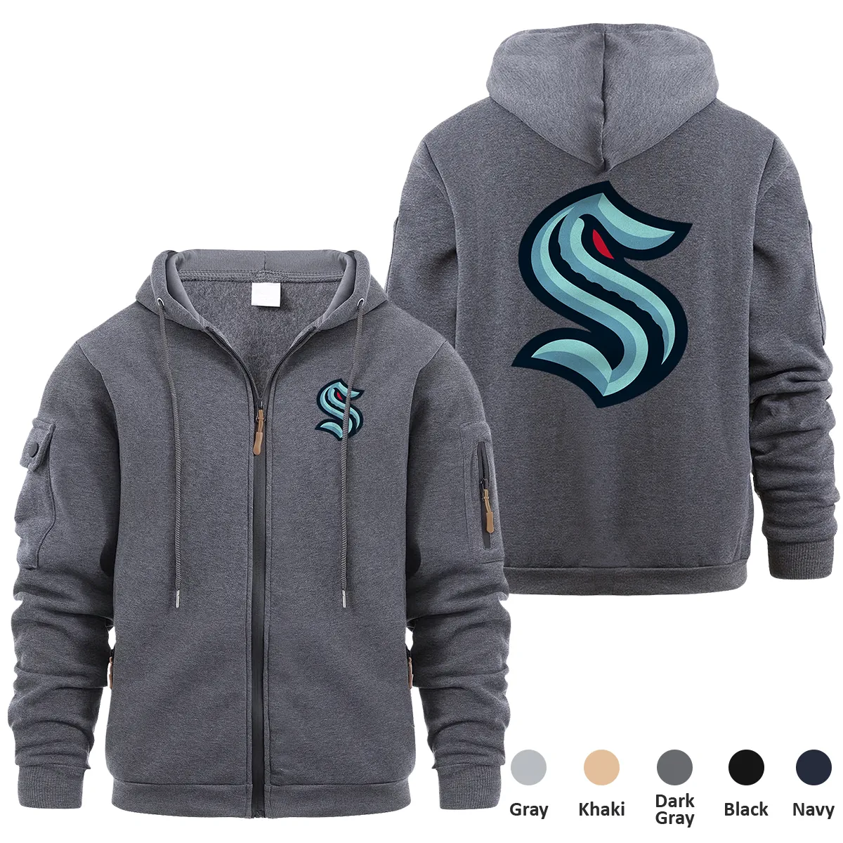 Seattle Kraken NHL Exclusive Logo Full Zipper Sweatshirt Hoodie with Arm Pocket MFY241114SKFZH - Dark Gray