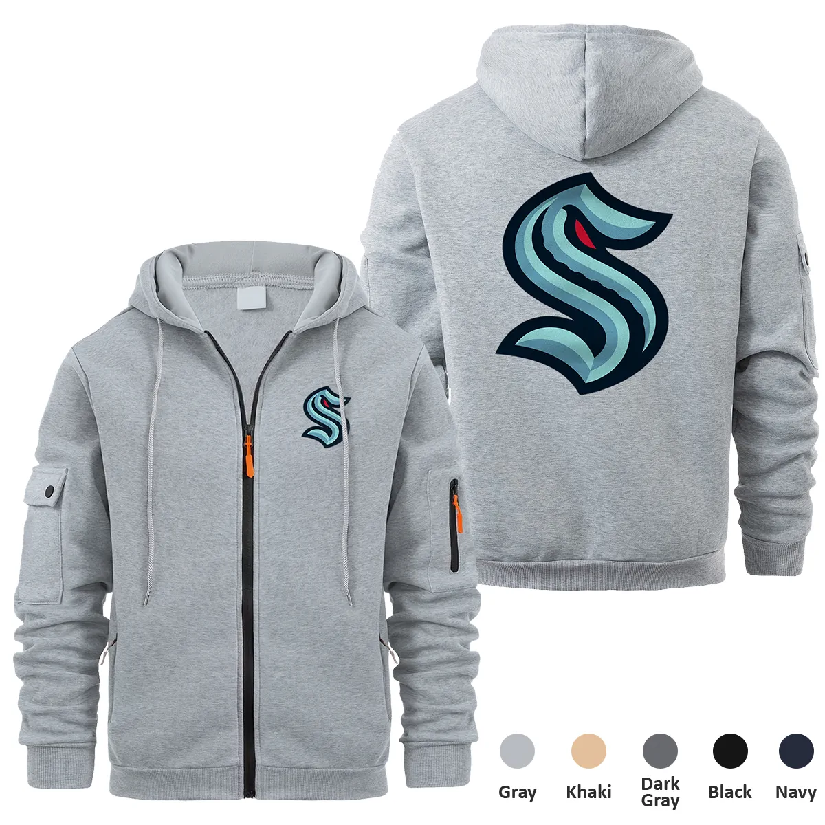 Seattle Kraken NHL Exclusive Logo Full Zipper Sweatshirt Hoodie with Arm Pocket MFY241114SKFZH - Gray