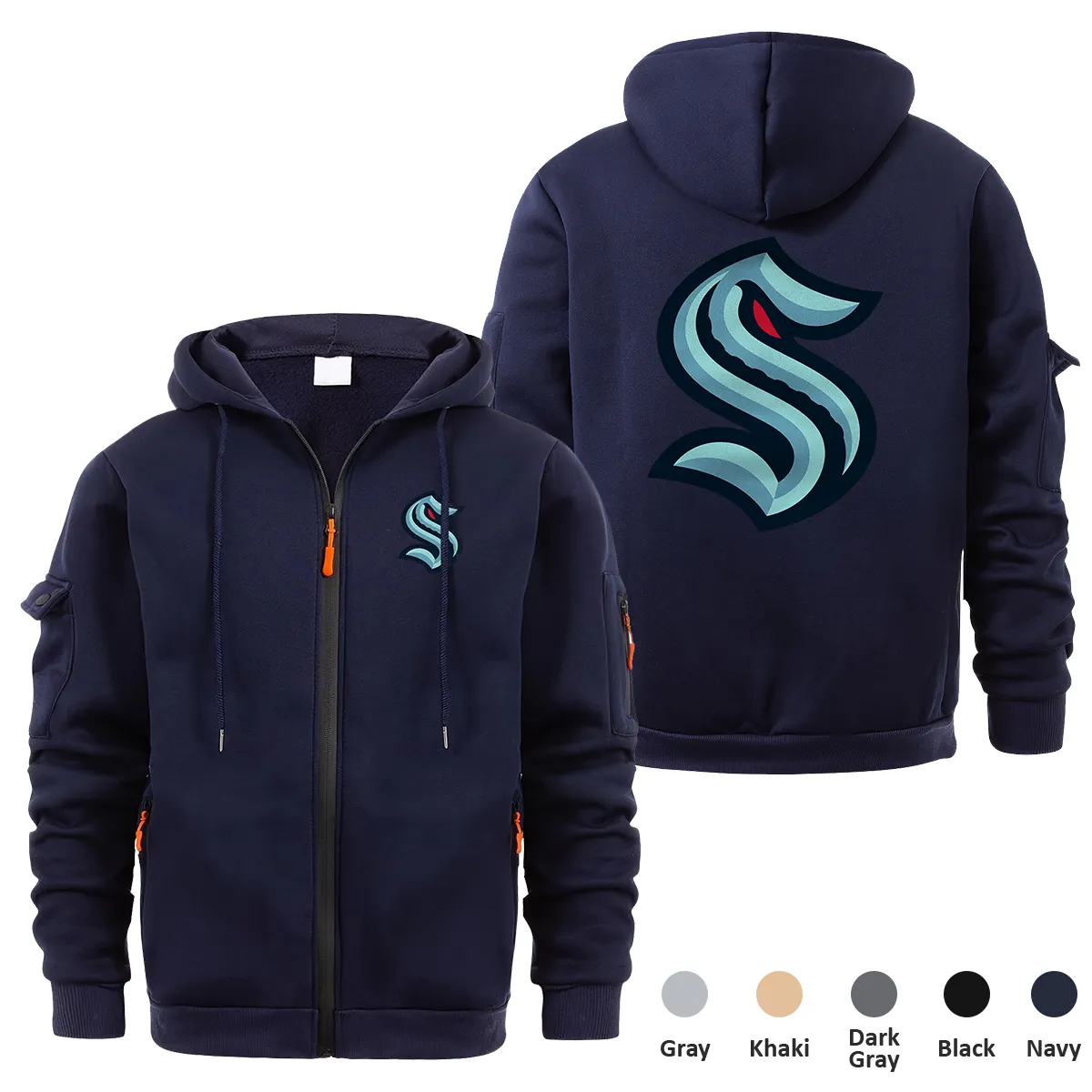 Seattle Kraken NHL Exclusive Logo Full Zipper Sweatshirt Hoodie with Arm Pocket MFY241114SKFZH - Navy