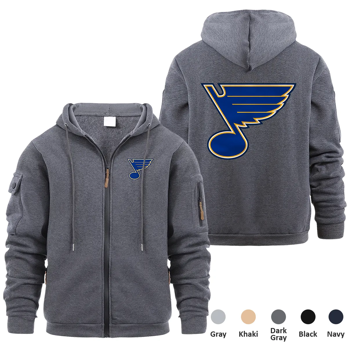 St. Louis Blues NHL Exclusive Logo Full Zipper Sweatshirt Hoodie with Arm Pocket MFY241114SLBFZH - Dark Gray