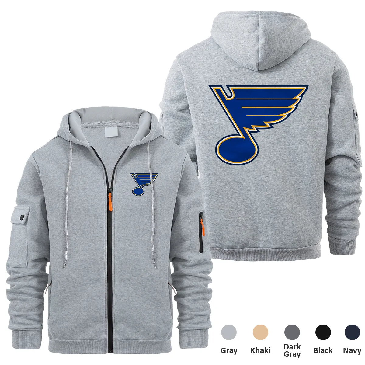 St. Louis Blues NHL Exclusive Logo Full Zipper Sweatshirt Hoodie with Arm Pocket MFY241114SLBFZH - Gray