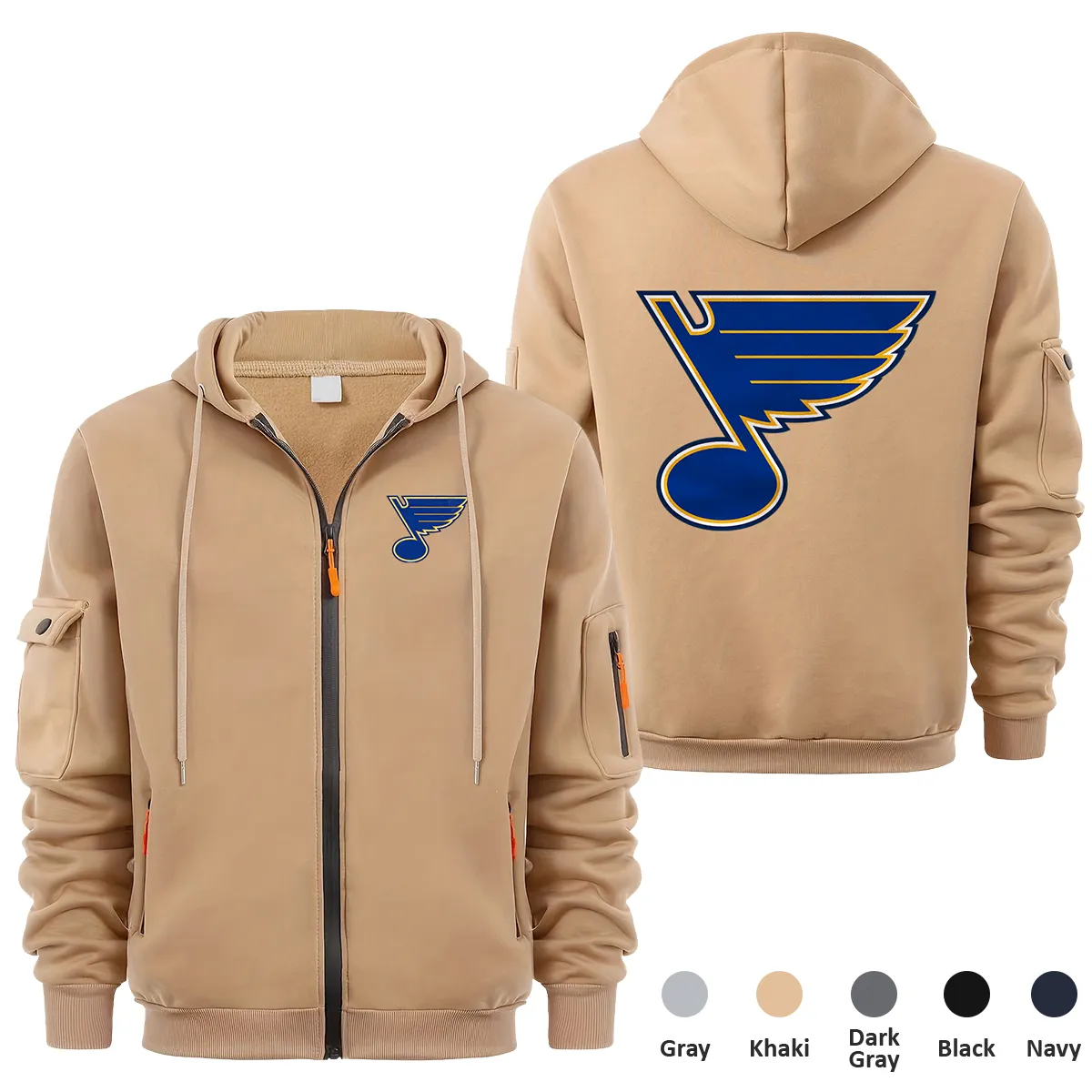 St. Louis Blues NHL Exclusive Logo Full Zipper Sweatshirt Hoodie with Arm Pocket MFY241114SLBFZH - Khaki