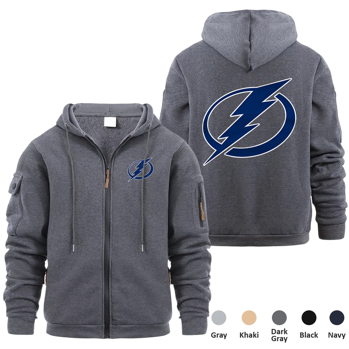 Tampa Bay Lightning NHL Exclusive Logo Full Zipper Sweatshirt Hoodie with Arm Pocket MFY241114TBLFZH - Dark Gray