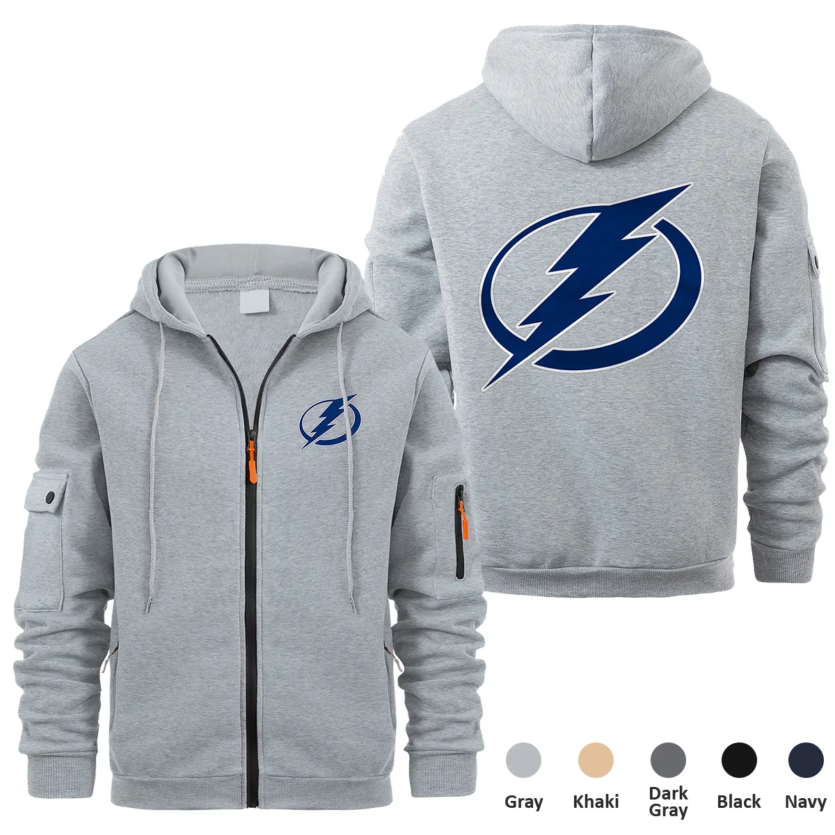 Tampa Bay Lightning NHL Exclusive Logo Full Zipper Sweatshirt Hoodie with Arm Pocket MFY241114TBLFZH - Gray