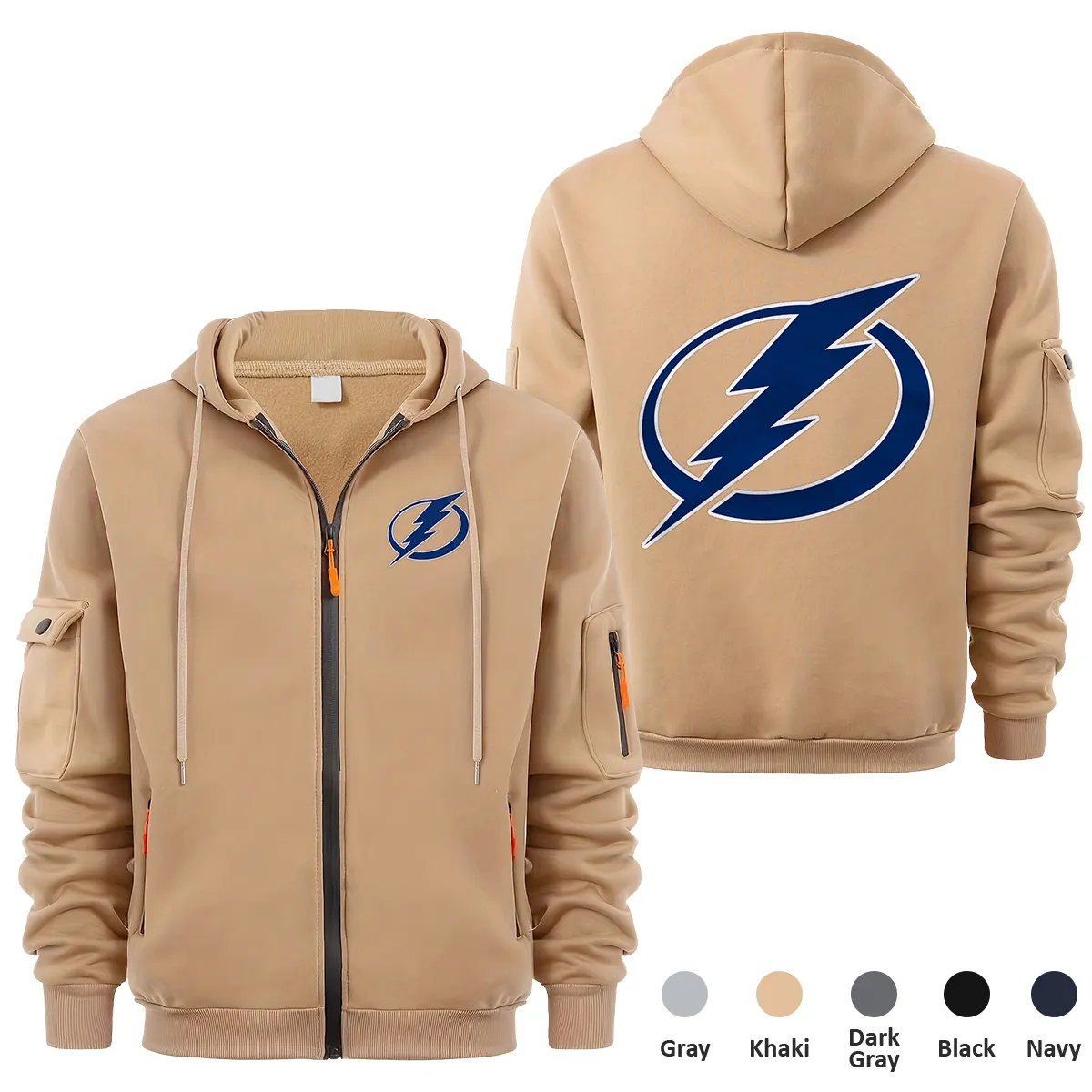 Tampa Bay Lightning NHL Exclusive Logo Full Zipper Sweatshirt Hoodie with Arm Pocket MFY241114TBLFZH - Khaki