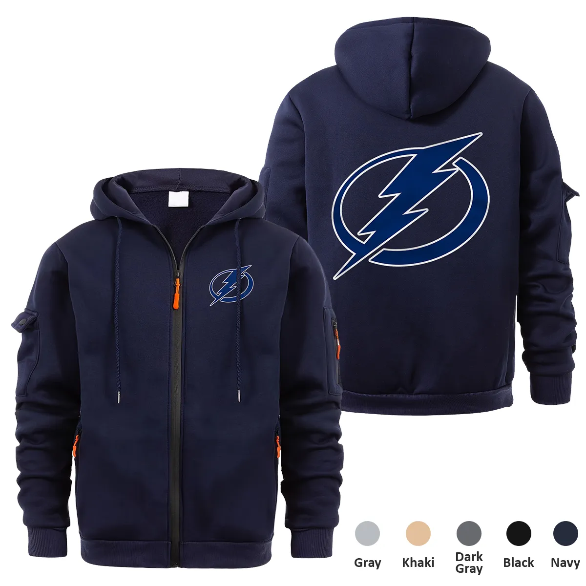 Tampa Bay Lightning NHL Exclusive Logo Full Zipper Sweatshirt Hoodie with Arm Pocket MFY241114TBLFZH - Navy