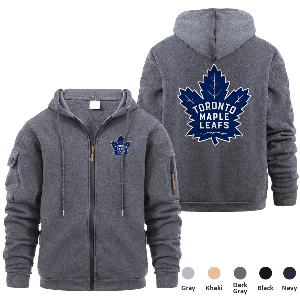 Toronto Maple Leafs NHL Exclusive Logo Full Zipper Sweatshirt Hoodie with Arm Pocket MFY241114TMLFZH - Dark Gray