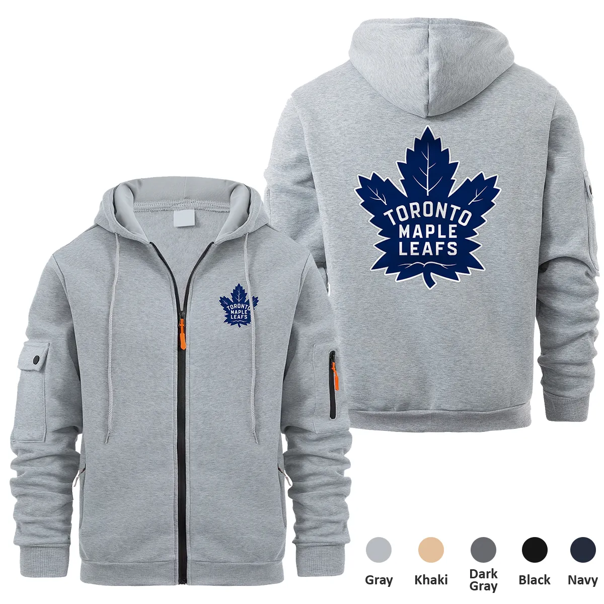 Toronto Maple Leafs NHL Exclusive Logo Full Zipper Sweatshirt Hoodie with Arm Pocket MFY241114TMLFZH - Gray