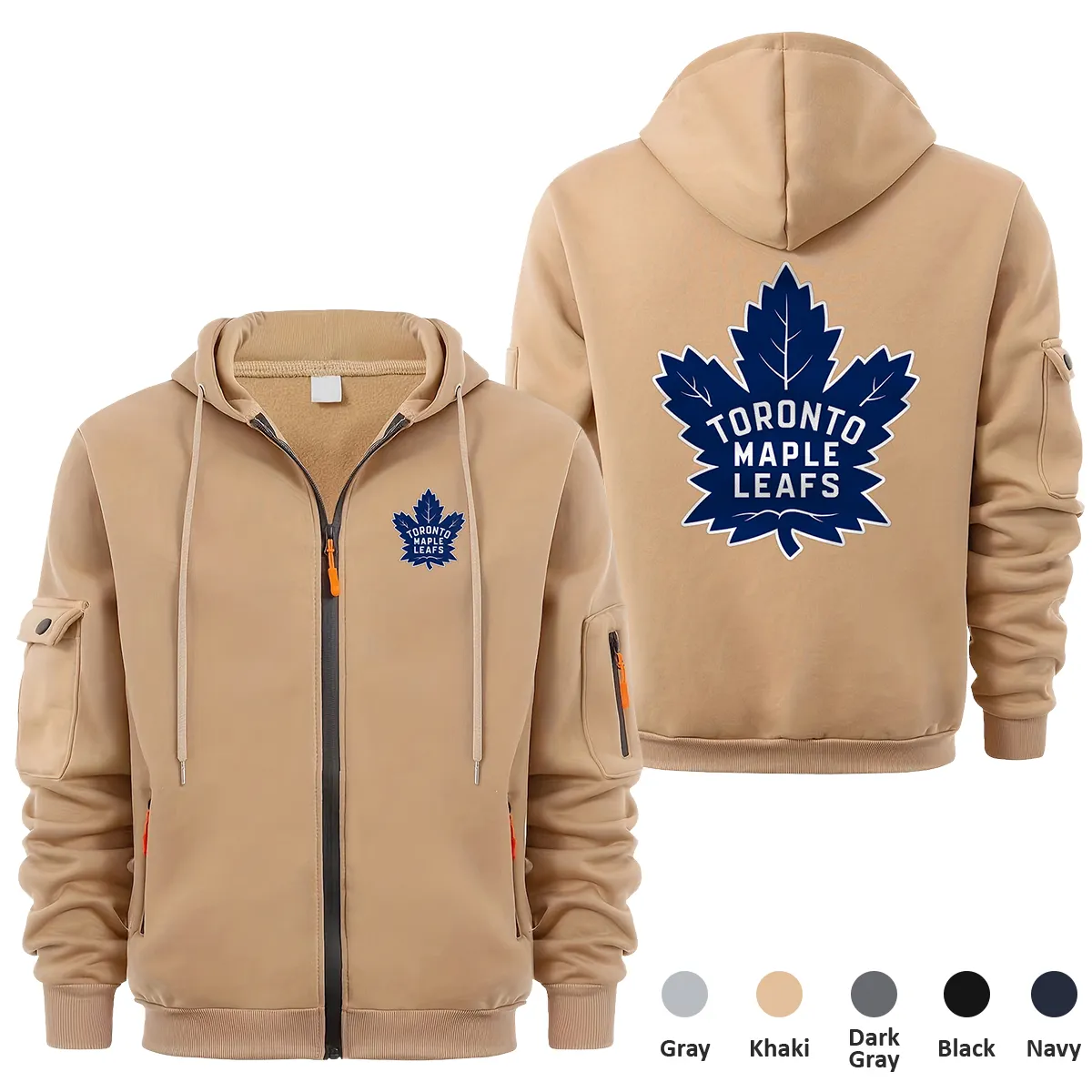 Toronto Maple Leafs NHL Exclusive Logo Full Zipper Sweatshirt Hoodie with Arm Pocket MFY241114TMLFZH - Khaki