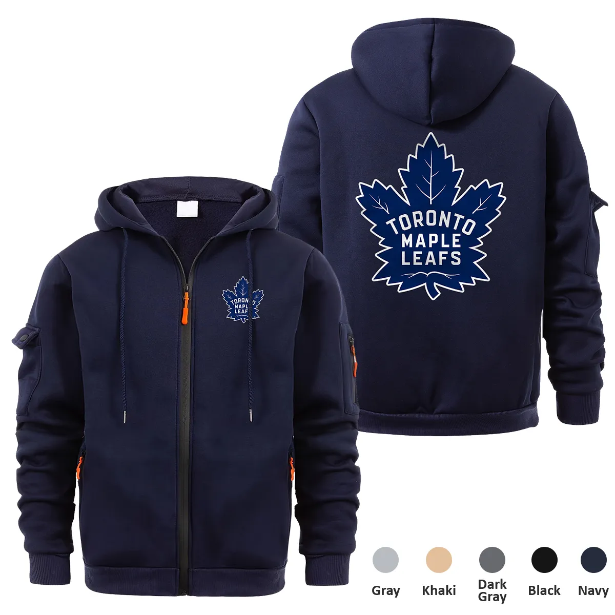 Toronto Maple Leafs NHL Exclusive Logo Full Zipper Sweatshirt Hoodie with Arm Pocket MFY241114TMLFZH - Navy