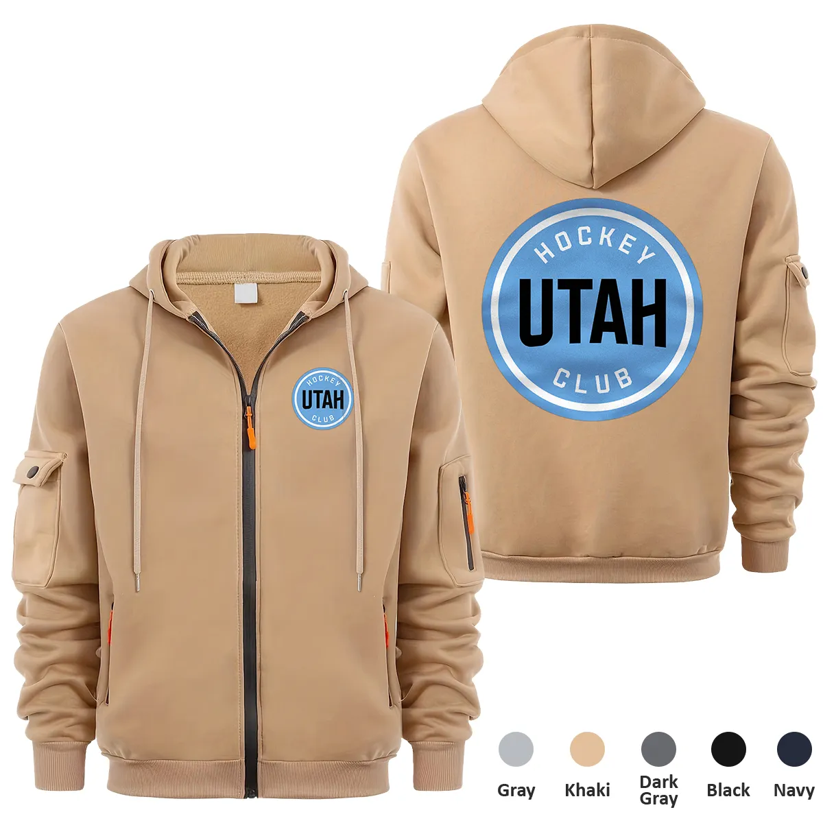 Utah Hockey Club NHL Exclusive Logo Full Zipper Sweatshirt Hoodie with Arm Pocket MFY241114UHCFZH - Khaki