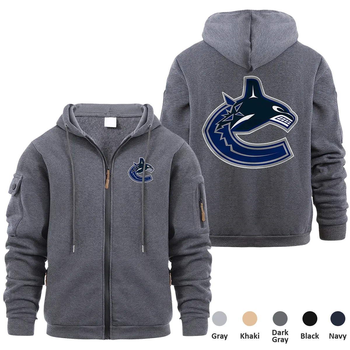 Vancouver Canucks NHL Exclusive Logo Full Zipper Sweatshirt Hoodie with Arm Pocket MFY241114VCFZH - Dark Gray