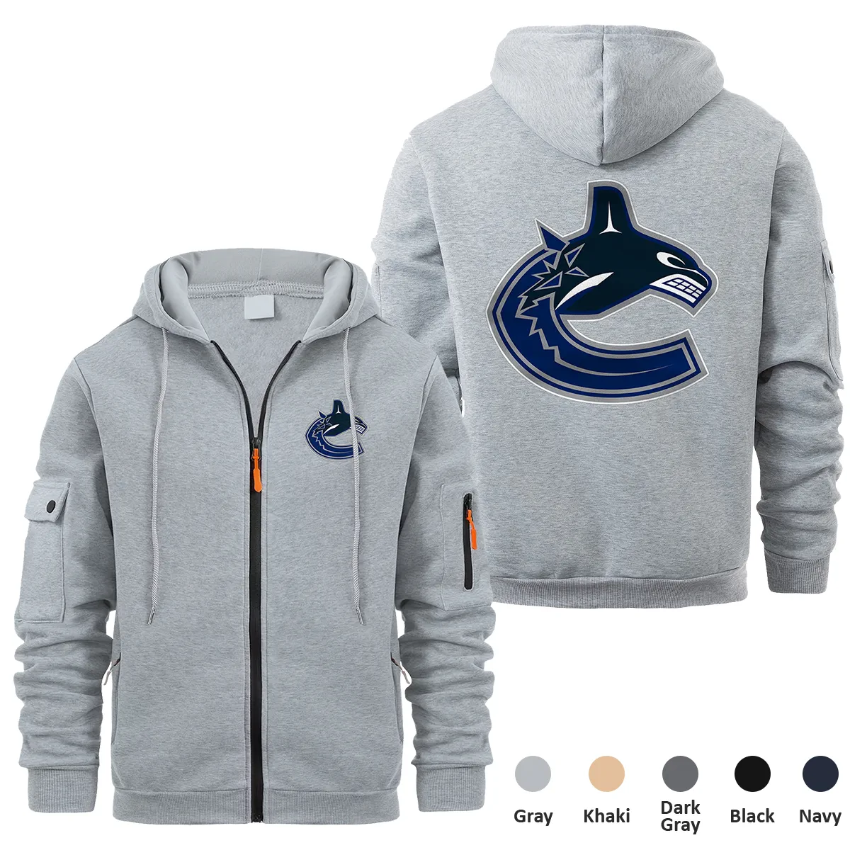 Vancouver Canucks NHL Exclusive Logo Full Zipper Sweatshirt Hoodie with Arm Pocket MFY241114VCFZH - Gray