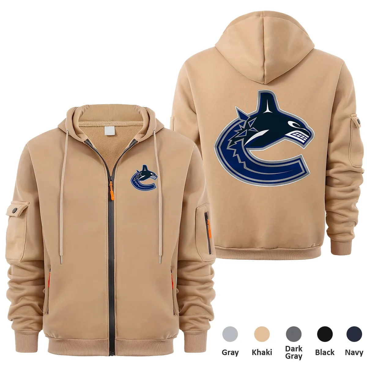 Vancouver Canucks NHL Exclusive Logo Full Zipper Sweatshirt Hoodie with Arm Pocket MFY241114VCFZH - Khaki