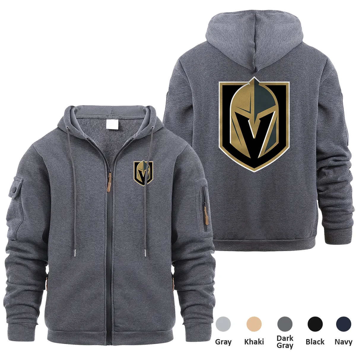 Vegas Golden Knights NHL Exclusive Logo Full Zipper Sweatshirt Hoodie with Arm Pocket MFY241114VGKFZH - Dark Gray