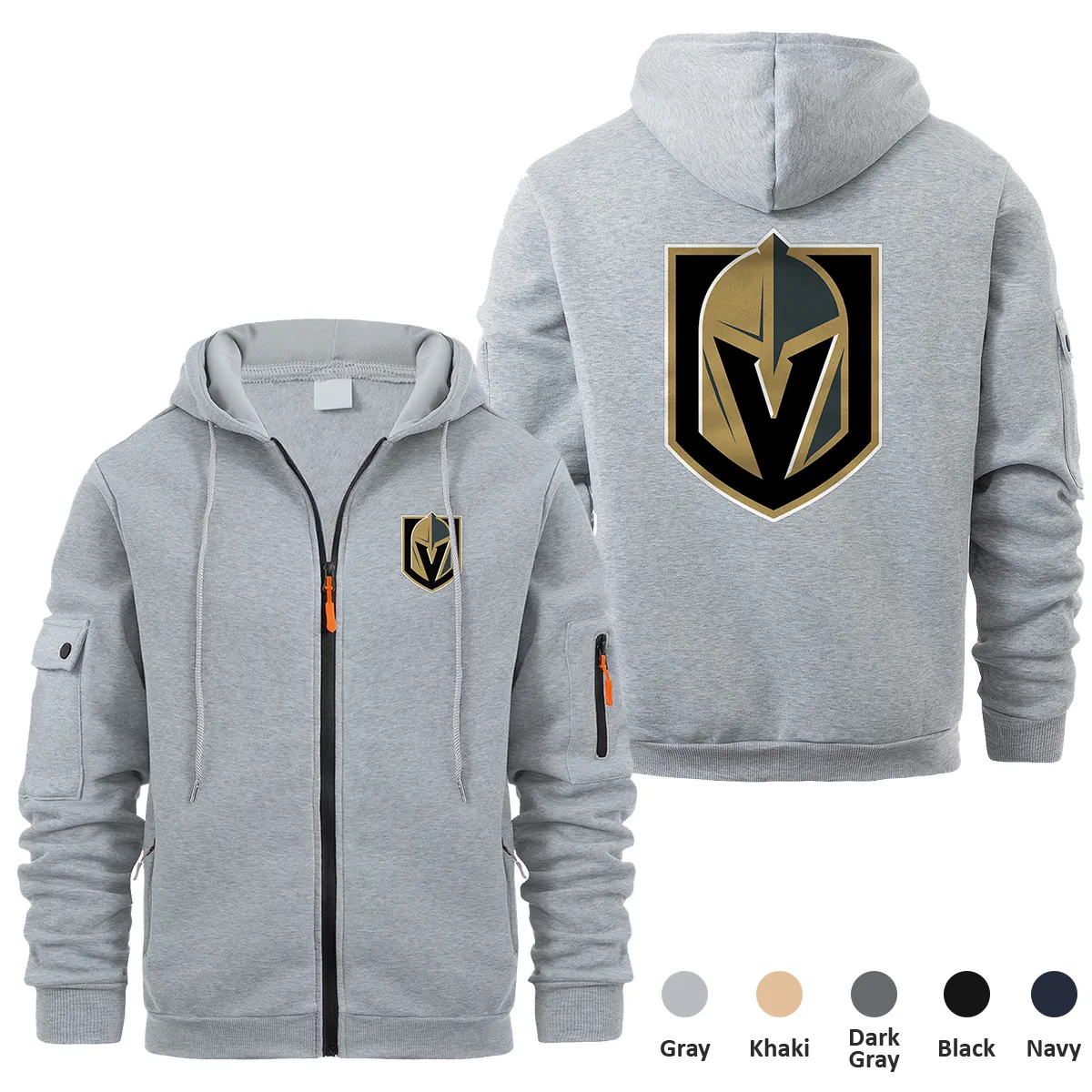 Vegas Golden Knights NHL Exclusive Logo Full Zipper Sweatshirt Hoodie with Arm Pocket MFY241114VGKFZH - Gray