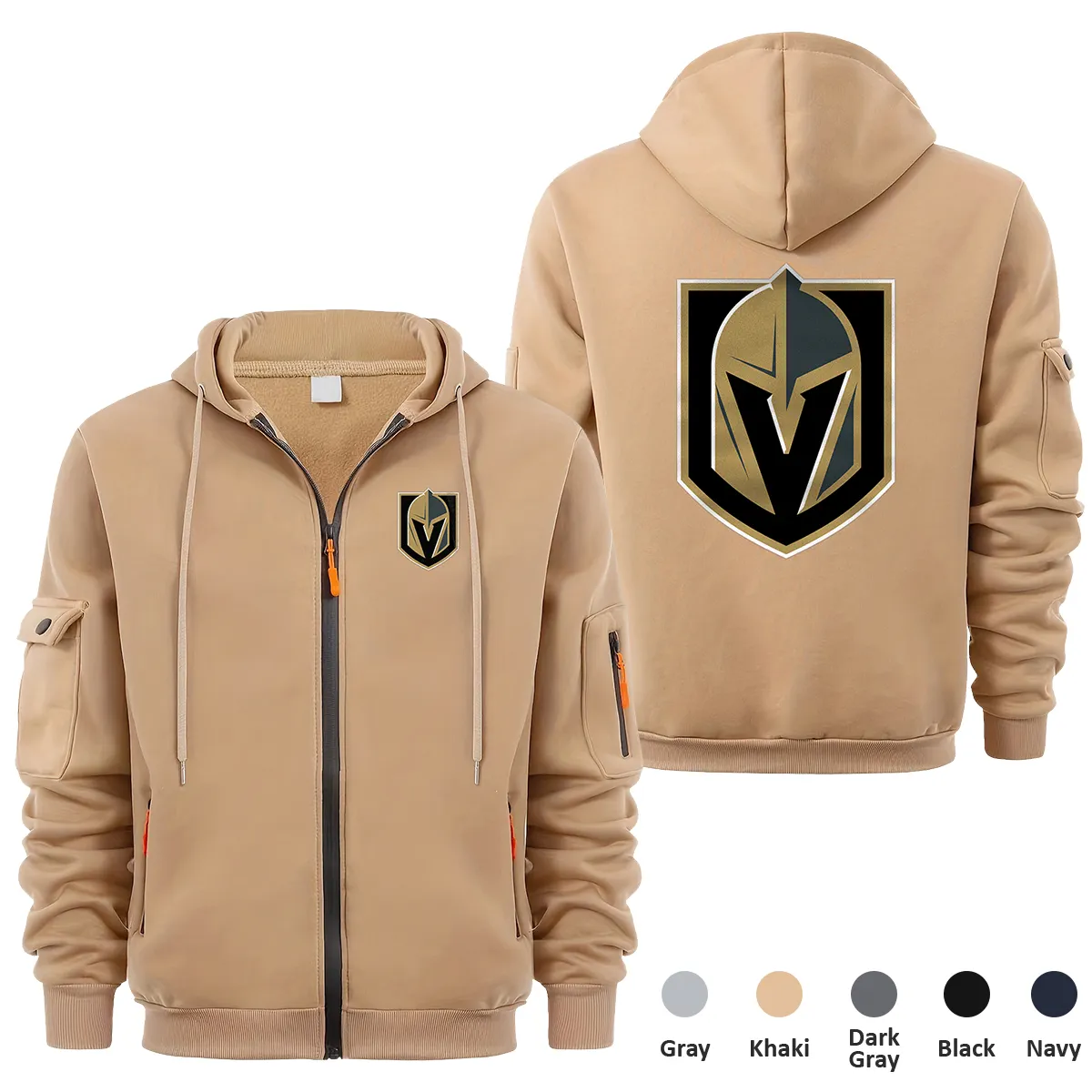 Vegas Golden Knights NHL Exclusive Logo Full Zipper Sweatshirt Hoodie with Arm Pocket MFY241114VGKFZH - Khaki