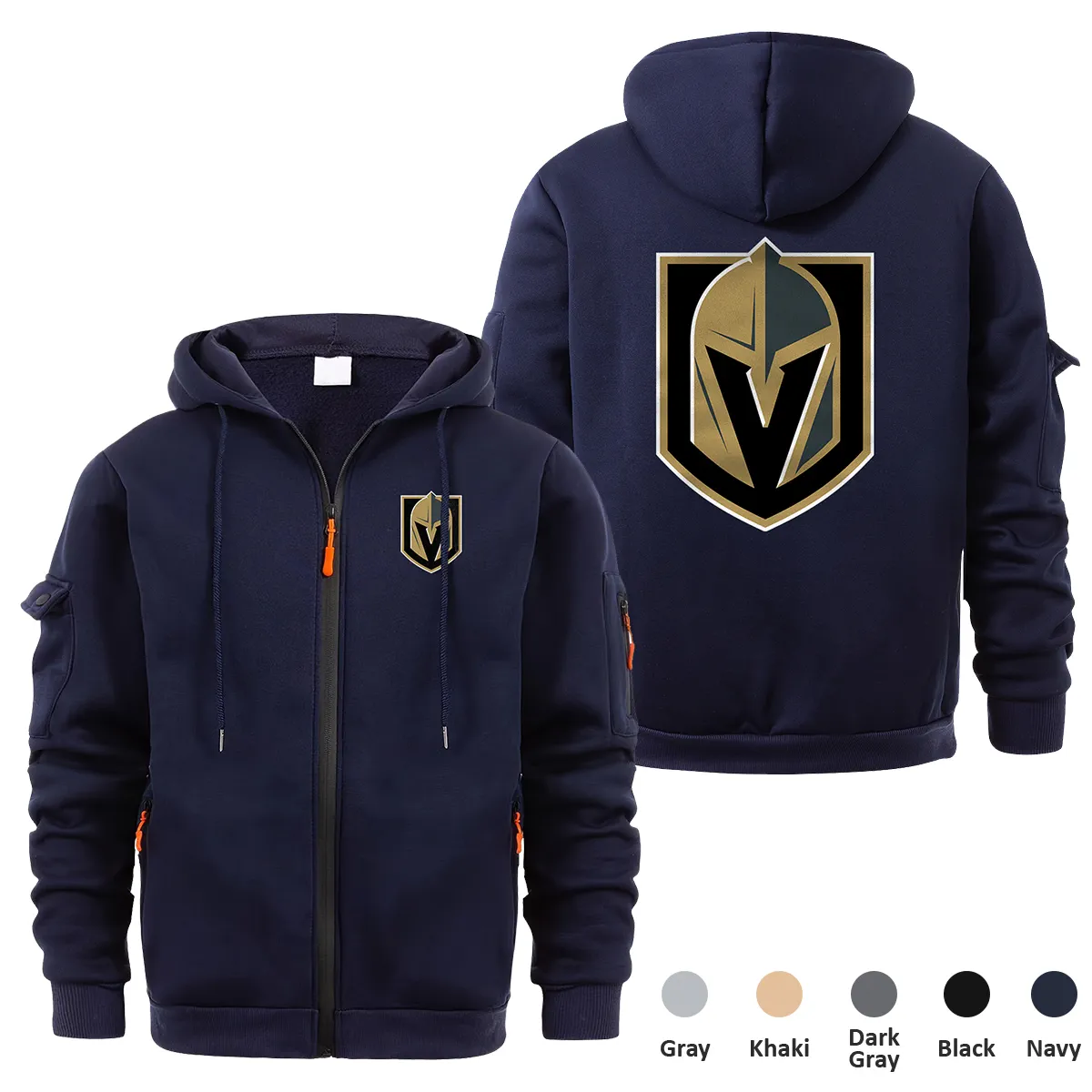 Vegas Golden Knights NHL Exclusive Logo Full Zipper Sweatshirt Hoodie with Arm Pocket MFY241114VGKFZH - Navy