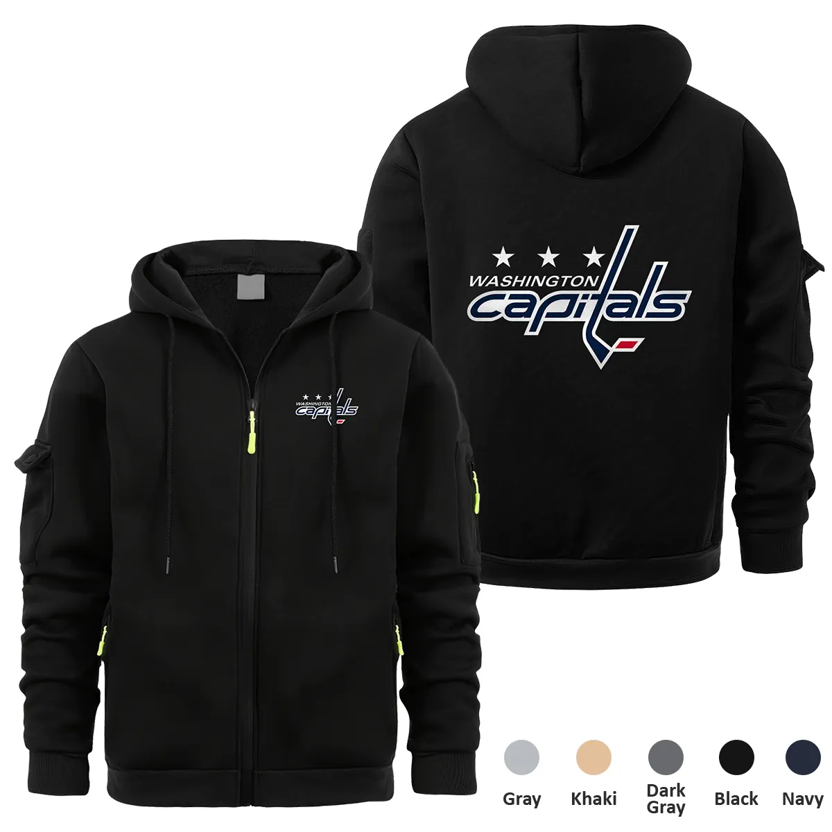 Washington Capitals NHL Exclusive Logo Full Zipper Sweatshirt Hoodie with Arm Pocket MFY241114WCFZH - Black