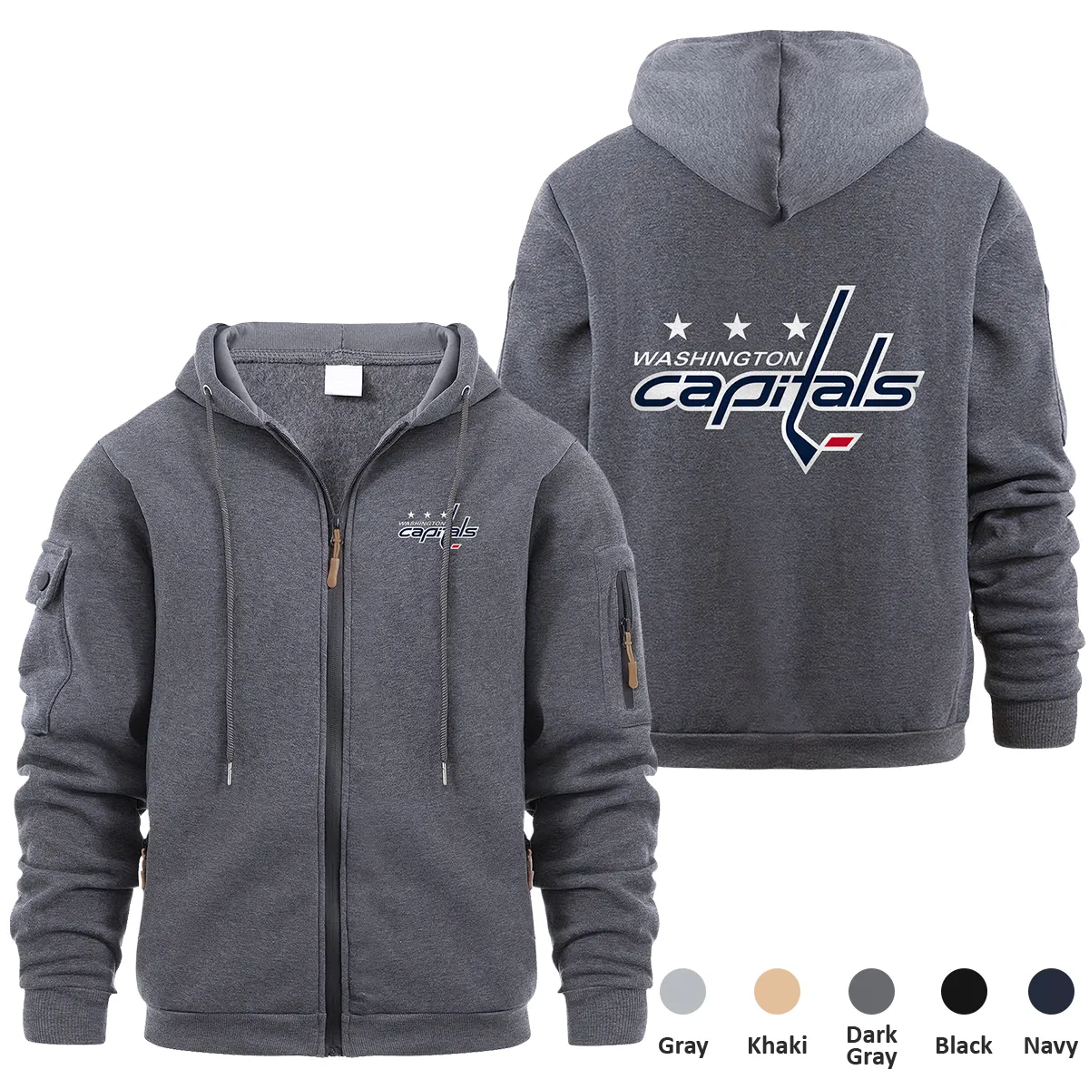 Washington Capitals NHL Exclusive Logo Full Zipper Sweatshirt Hoodie with Arm Pocket MFY241114WCFZH - Dark Gray