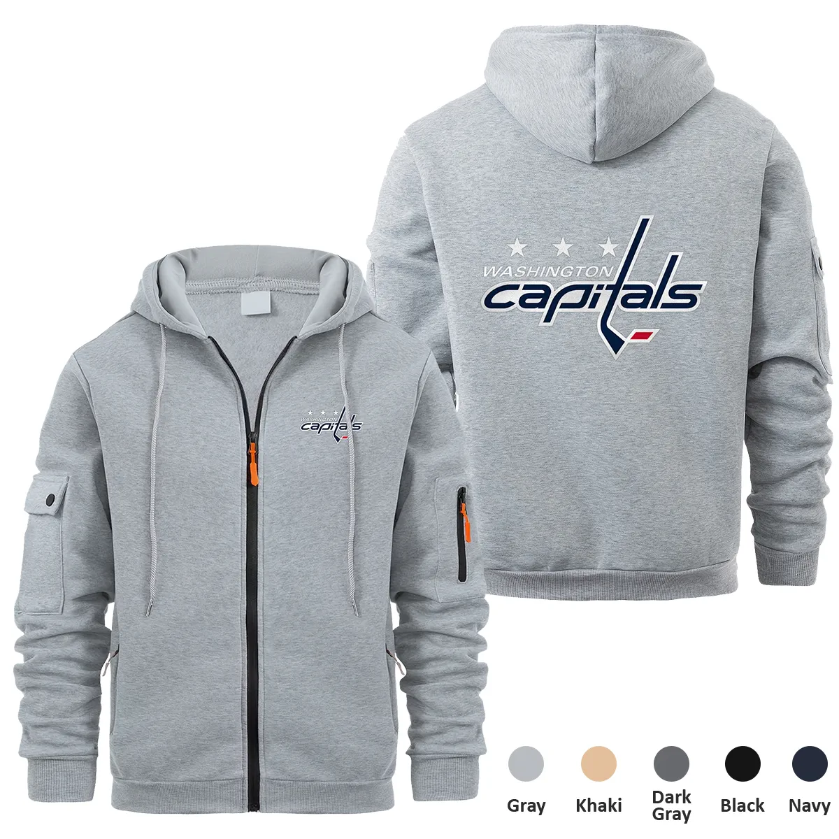 Washington Capitals NHL Exclusive Logo Full Zipper Sweatshirt Hoodie with Arm Pocket MFY241114WCFZH - Gray