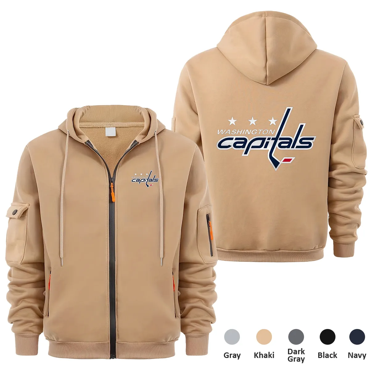 Washington Capitals NHL Exclusive Logo Full Zipper Sweatshirt Hoodie with Arm Pocket MFY241114WCFZH - Khaki