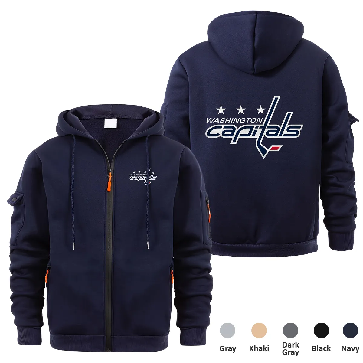 Washington Capitals NHL Exclusive Logo Full Zipper Sweatshirt Hoodie with Arm Pocket MFY241114WCFZH - Navy