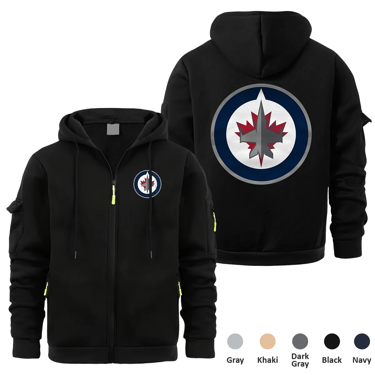 Winnipeg Jets NHL Exclusive Logo Full Zipper Sweatshirt Hoodie with Arm Pocket MFY241114WJFZH - Black