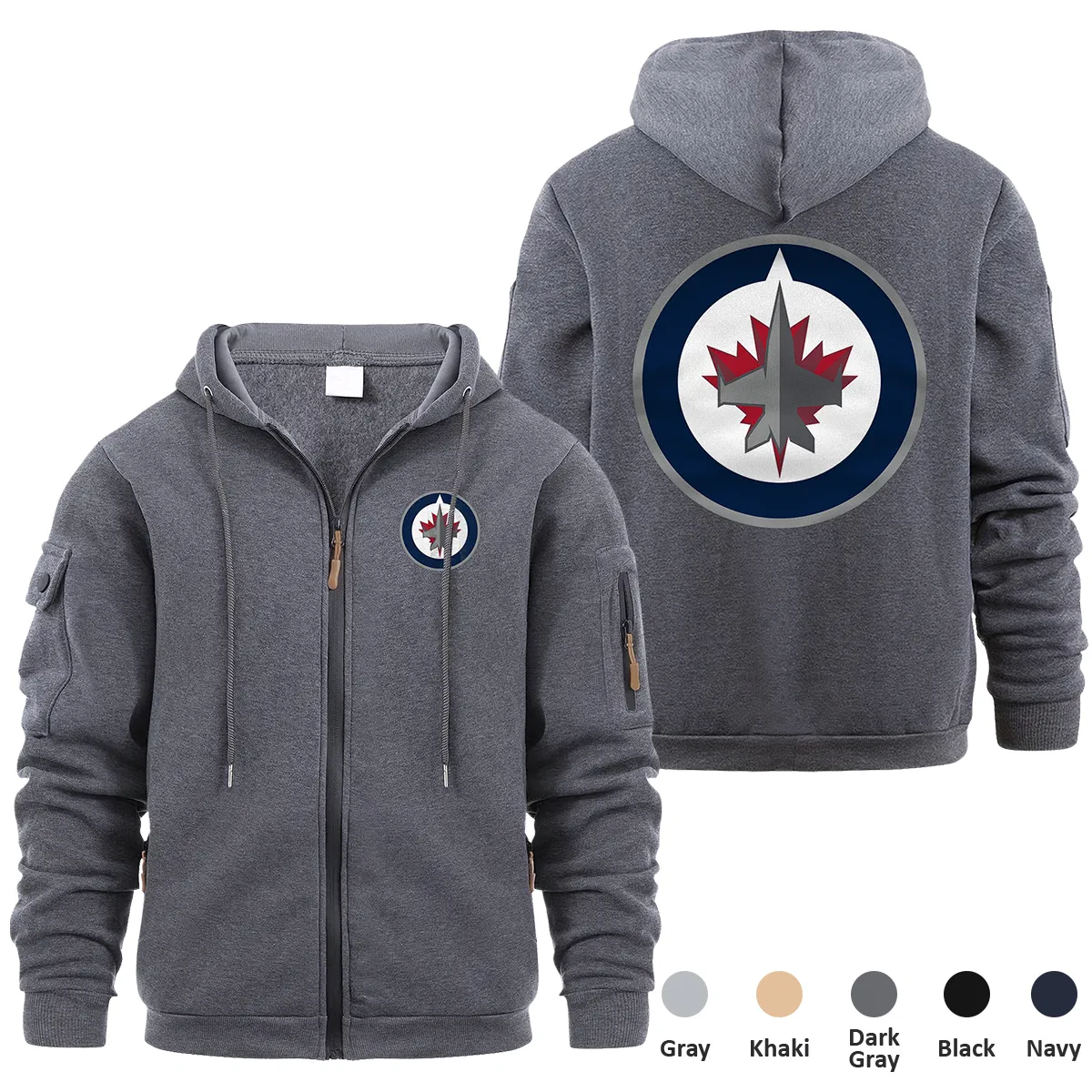 Winnipeg Jets NHL Exclusive Logo Full Zipper Sweatshirt Hoodie with Arm Pocket MFY241114WJFZH - Dark Gray