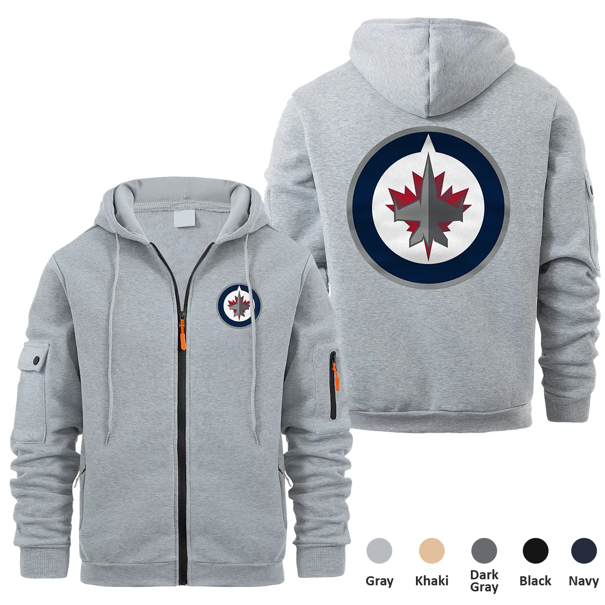 Winnipeg Jets NHL Exclusive Logo Full Zipper Sweatshirt Hoodie with Arm Pocket MFY241114WJFZH - Gray