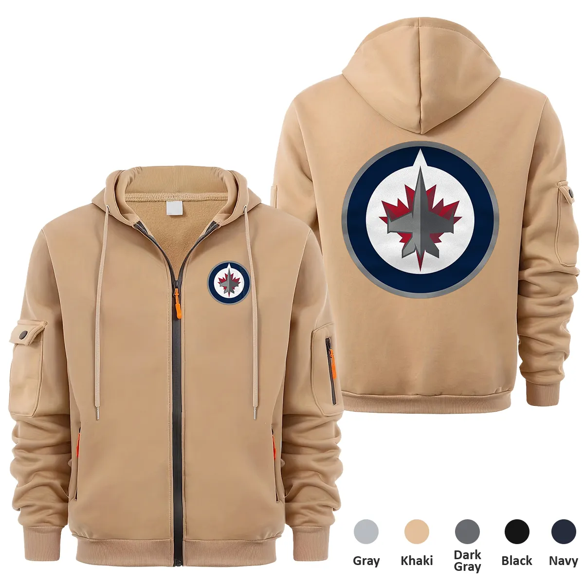 Winnipeg Jets NHL Exclusive Logo Full Zipper Sweatshirt Hoodie with Arm Pocket MFY241114WJFZH - Khaki