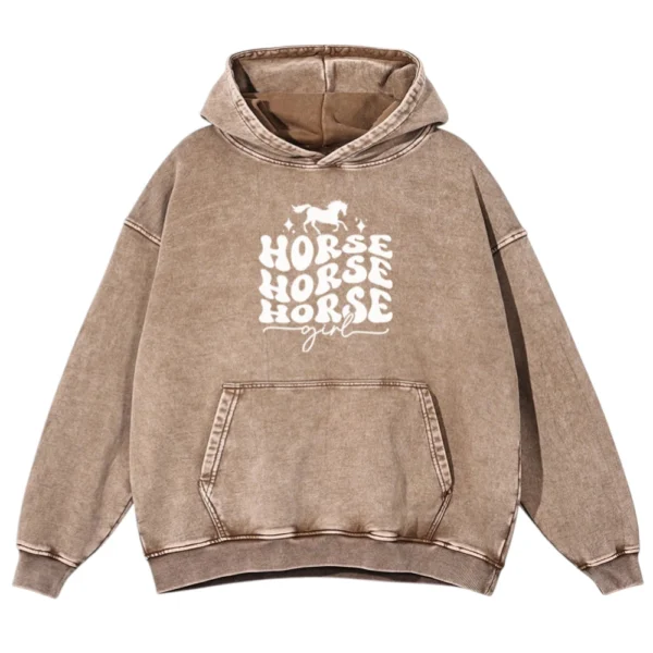 Horse Horse Horse Girl Washed Pullover Hoodie - Sand