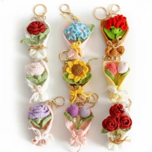 Adorable Handmade Crochet Flower Bouquet Keychain Set 9 pcs - Sunflower, Tulip, Rose