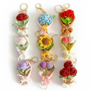 Adorable Handmade Crochet Flower Bouquet Keychain Set 3pcs2